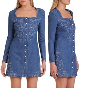 NWT Avec Les Filles Western Embroidery Long Sleeve Denim Minidress